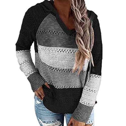 Women Long Sleeved  Hollow Out Contrast Color Knitted Sweater Hoodie