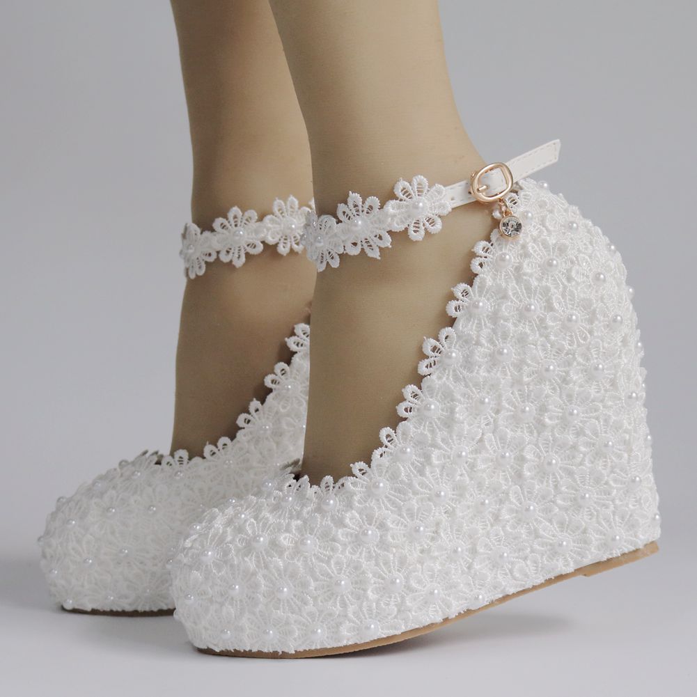 Women Round Toe Lace Pearls Wedding Platform Wedge Heel Ankle Strap Pumps