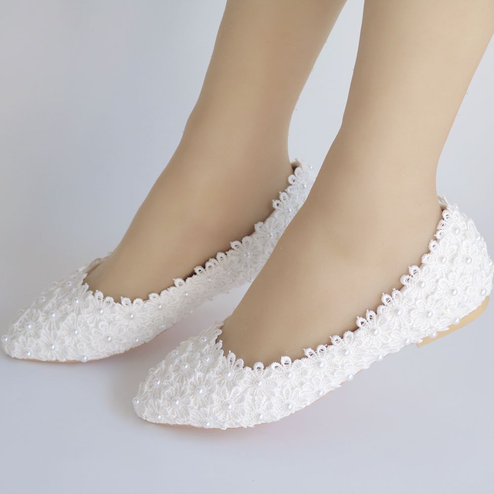 Women Pointed Toe Shallow Lace Flora Wedding Flats