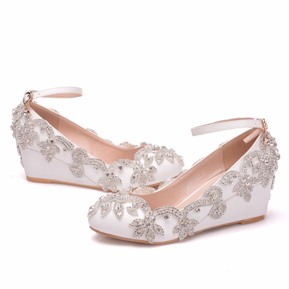 Shallow Rhinestone 5cm Wedge Heel Women Pumps Wedding Shoes