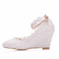Pearls Lace Ankle Strap 8cm Wedge Heel Women Pumps Wedding Shoes