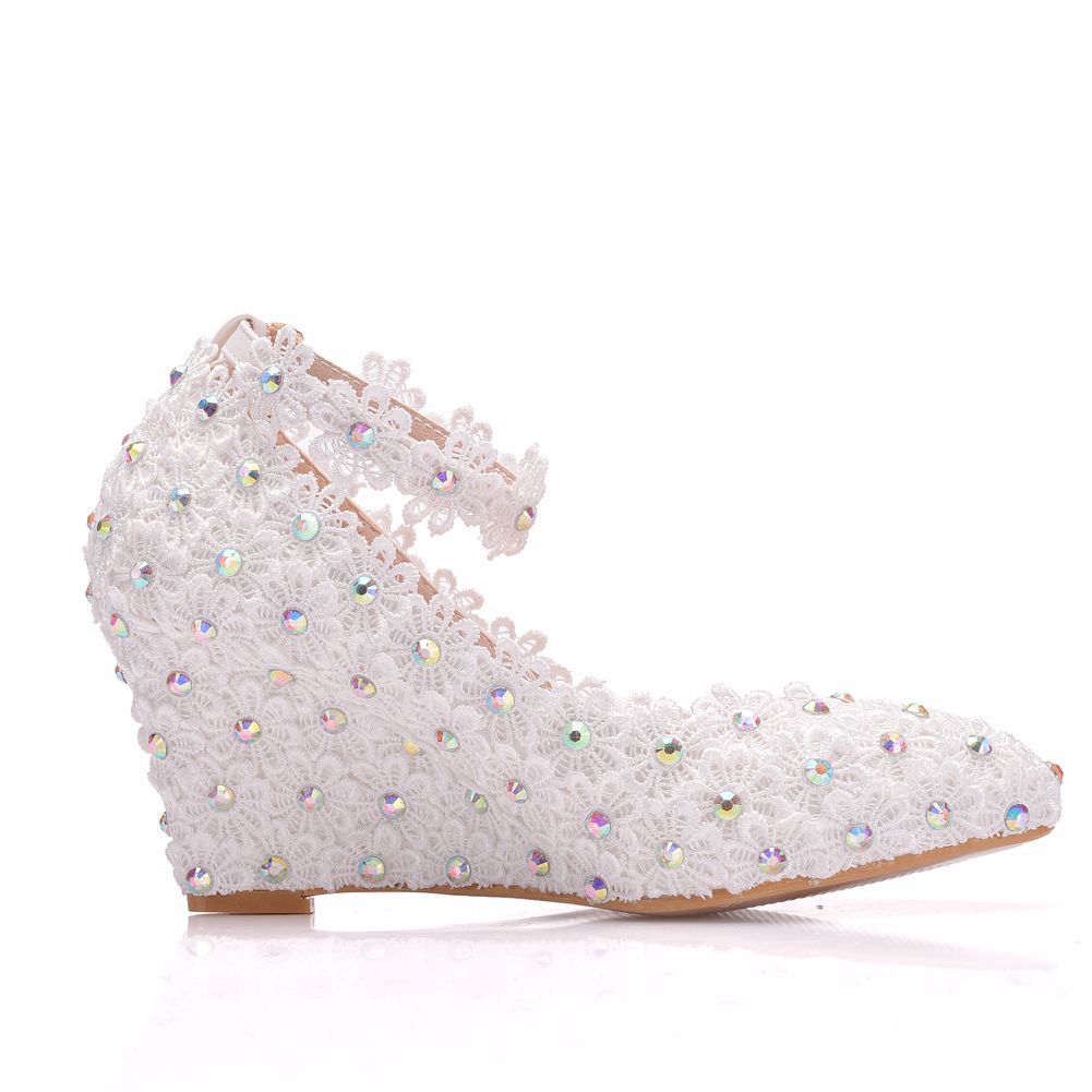 Rhinestone Lace Ankle Strap 8cm Wedge Heel Women Pumps Wedding Shoes
