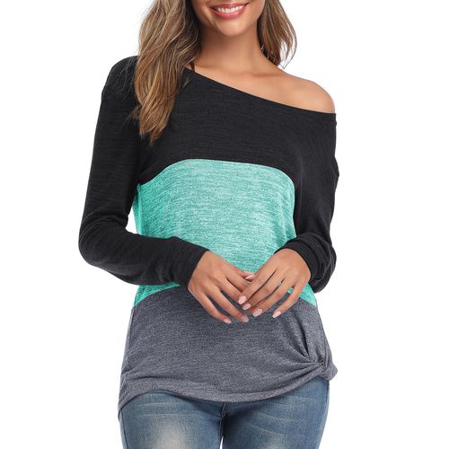 Womens Long Sleeve One Line Neck Contrast Color T-shirt