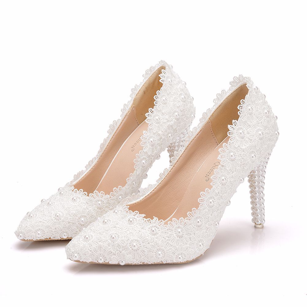 Women Pointed Toe Pearls Lace Stiletto Heel Pumps Wedding Shoes