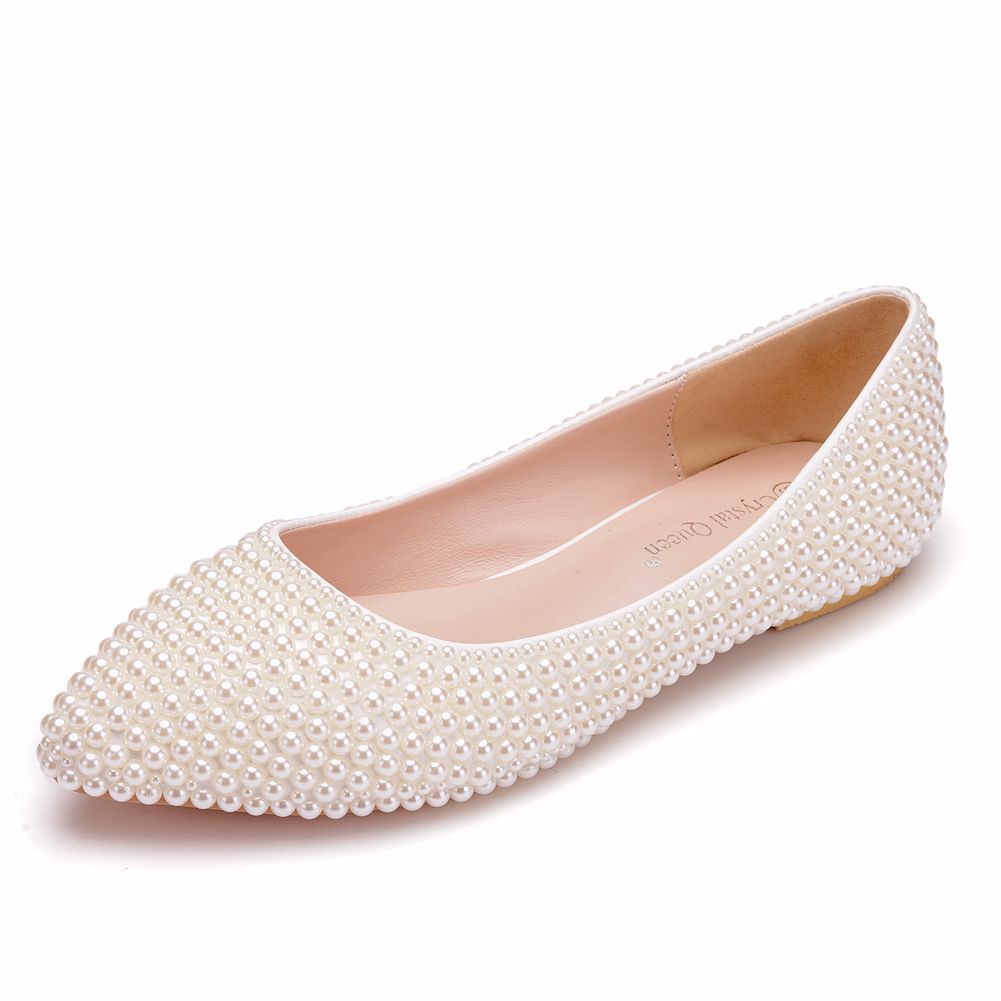 Women Pointed Toe Shallow Bridal Wedding Shoes Pearls Flats