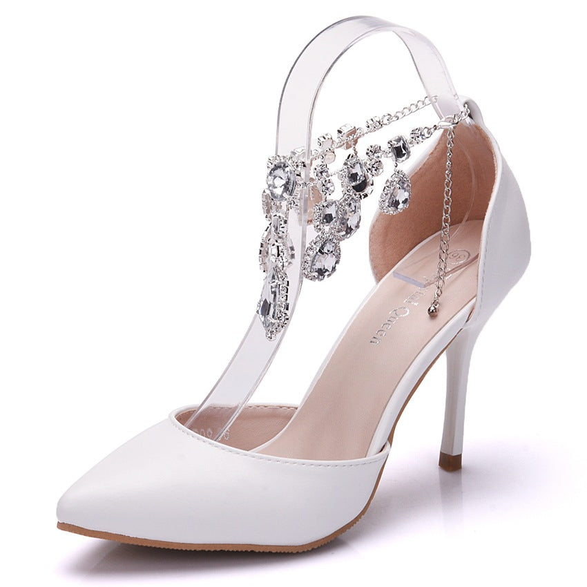 Women Tassel Rhinestone Chains Stiletto Heel Pointed Toe Bridal Wedding Shoes Sandals
