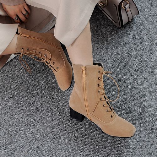 Women Lace Up Low Heels Short Boots