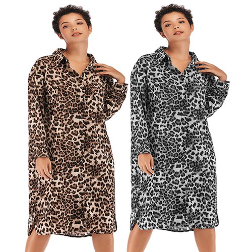 Leopard Chiffon Spring Summer Skinny Lapel Button Split Shirt Women Dresses