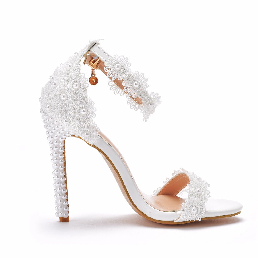 Women Pearls Lace Open Toe Stiletto Heel Bridal Wedding Shoes Sandals