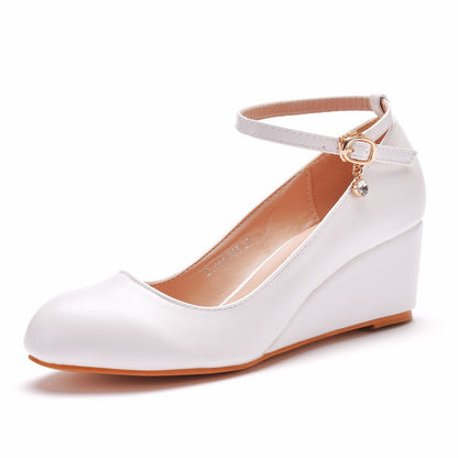 Rhinestone Ankle Strap 5.5cm Wedge Heel Women Pumps Wedding Shoes