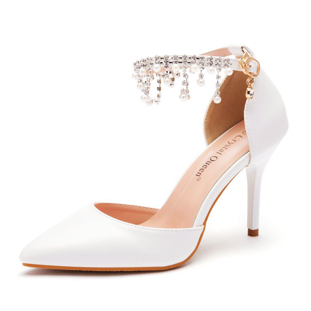 Women Tassel Beads Pointed Toe Bridal Wedding Shoes Stiletto Heel Sandals