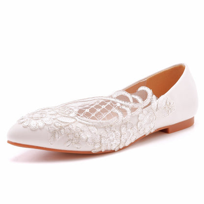 Women Pointed Toe Shallow Lace Mesh Flora Bridal Wedding Flat Shoes