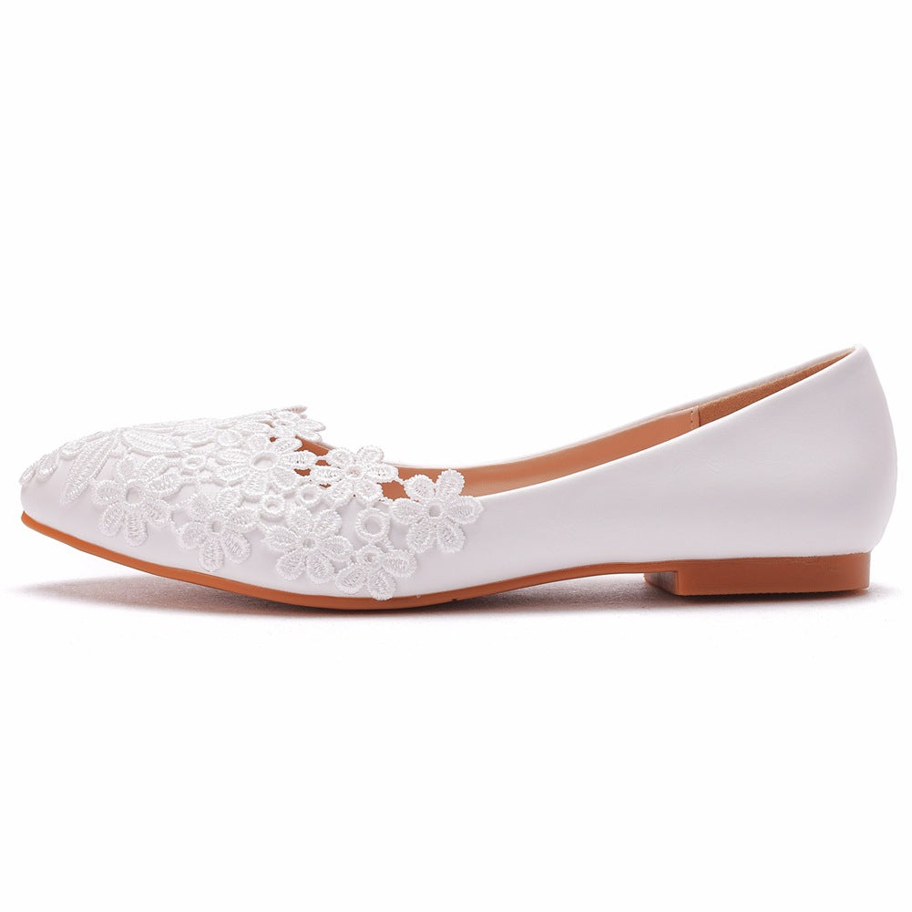 Women Pointed Toe Shallow Lace Flora Bridal Wedding Flat Shoes
