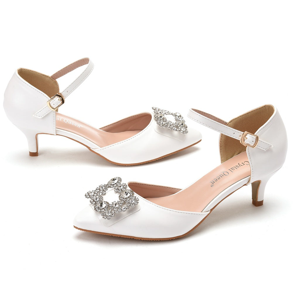 Women Rhinestone Square Buckles Pointed Toe Mary Janes Wedding Sandals
