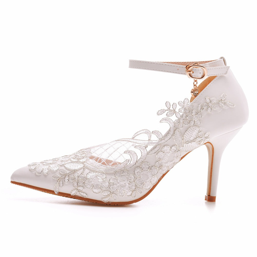 Women Lace Pointed Toe Ankle Strap Bridal Wedding D'Orsay Stiletto Heels Sandals