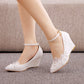 Pearls Shallow Lace Rhinestone Ankle Strap 7cm Wedge Heel Women Pumps Wedding Shoes