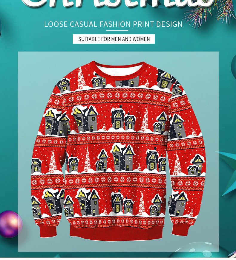 Christmas Castle Pattern Hooded Long-sleeved Round Neck Sweatshirt