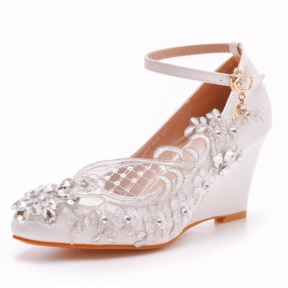 Rhinestone Mesh Ankle Strap 8cm Wedge Heel Women Pumps Wedding Shoes
