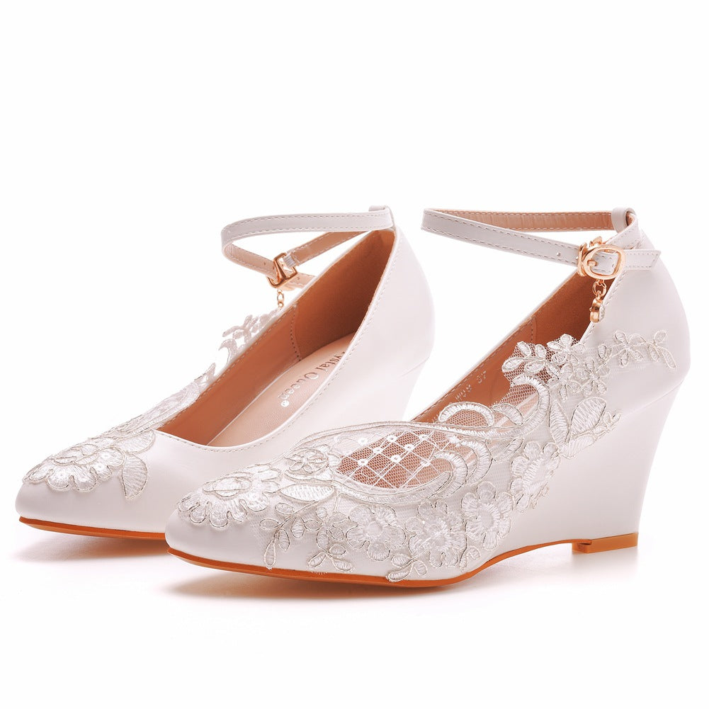 Lace Shallow Ankle Strap 8cm Wedge Heel Women Pumps Wedding Shoes