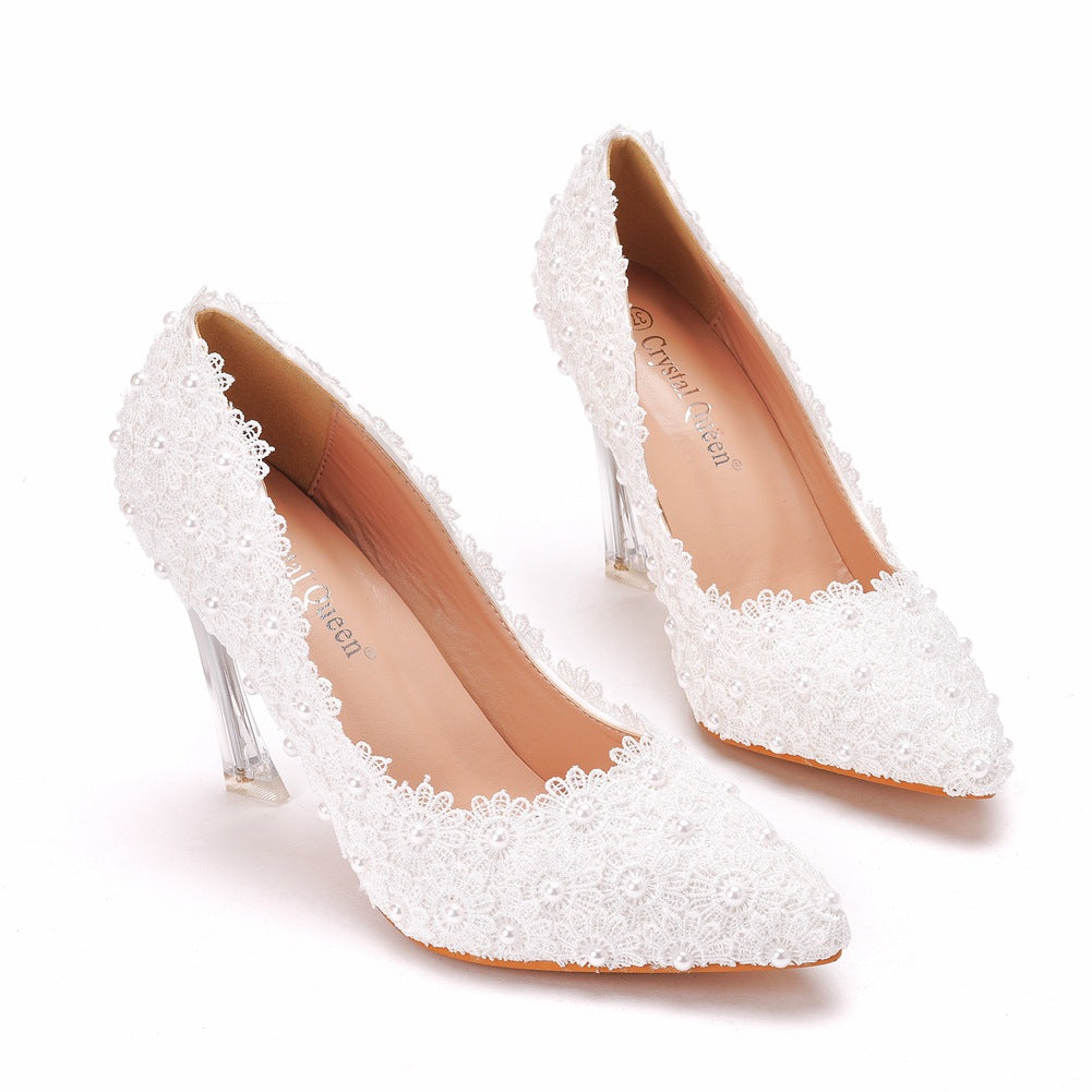 Women Crystal Pointed Toe Lace Beads Stiletto Heel Wedding Pumps