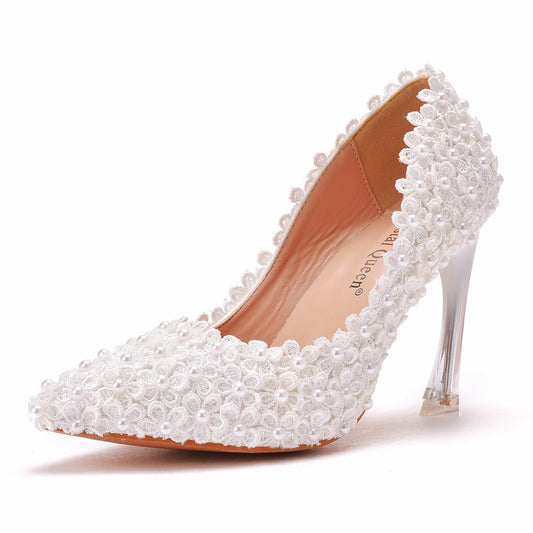 Women Crystal Pointed Toe Lace Beads Stiletto Heel Wedding Pumps