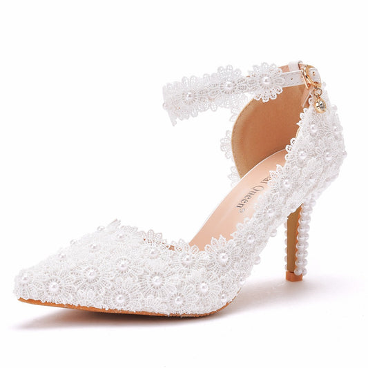 Women Pearls Lace Pointed Toe Bridal Wedding D'Orsay Stiletto Heels Sandals