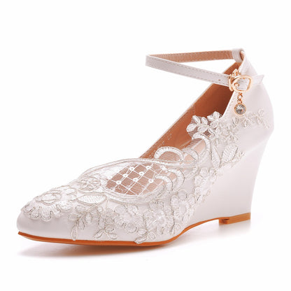 Lace Shallow Ankle Strap 8cm Wedge Heel Women Pumps Wedding Shoes
