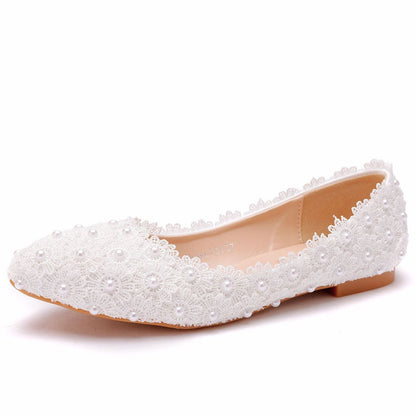 Women Pointed Toe Shallow Lace Pearls Flats