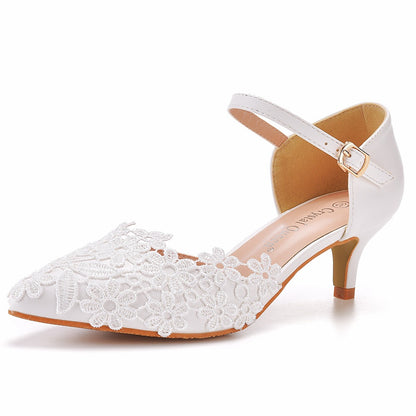 Women Pointed Toe Lace Mary Janes Middle Heel Wedding Sandals