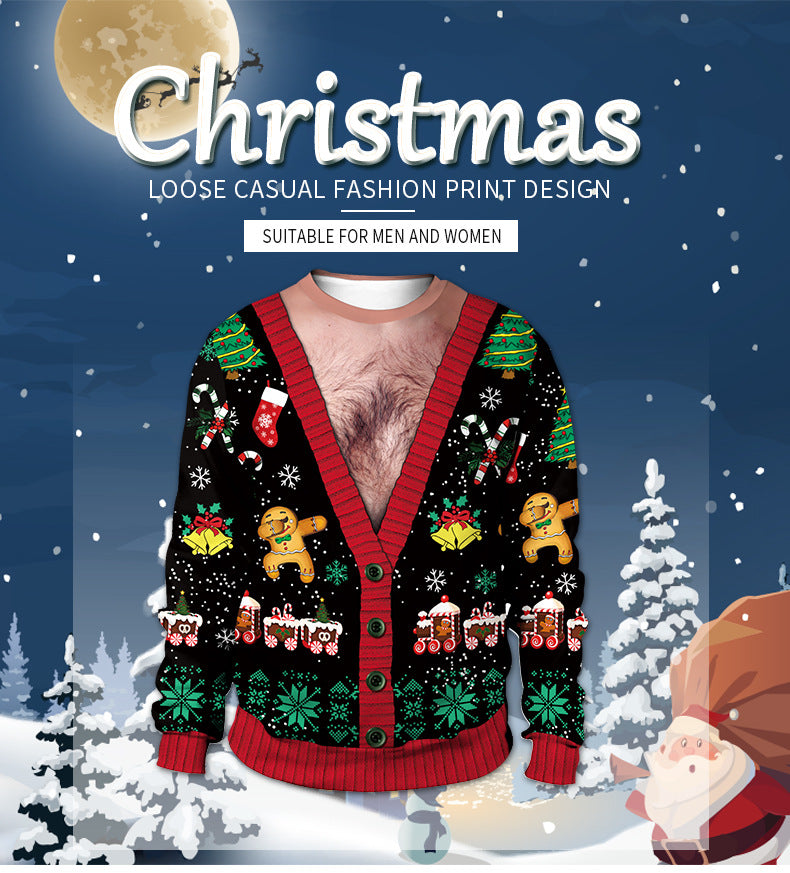 Fake Two-piece Christmas Print Pullover Round Neck Couple Sweater
