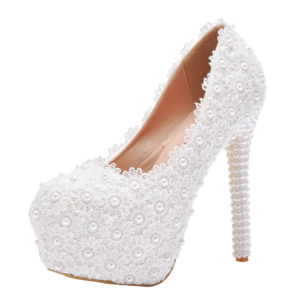 Women Round Toe Lace Pearls Bridal Stiletto Heel Platform Pumps Wedding Shoes