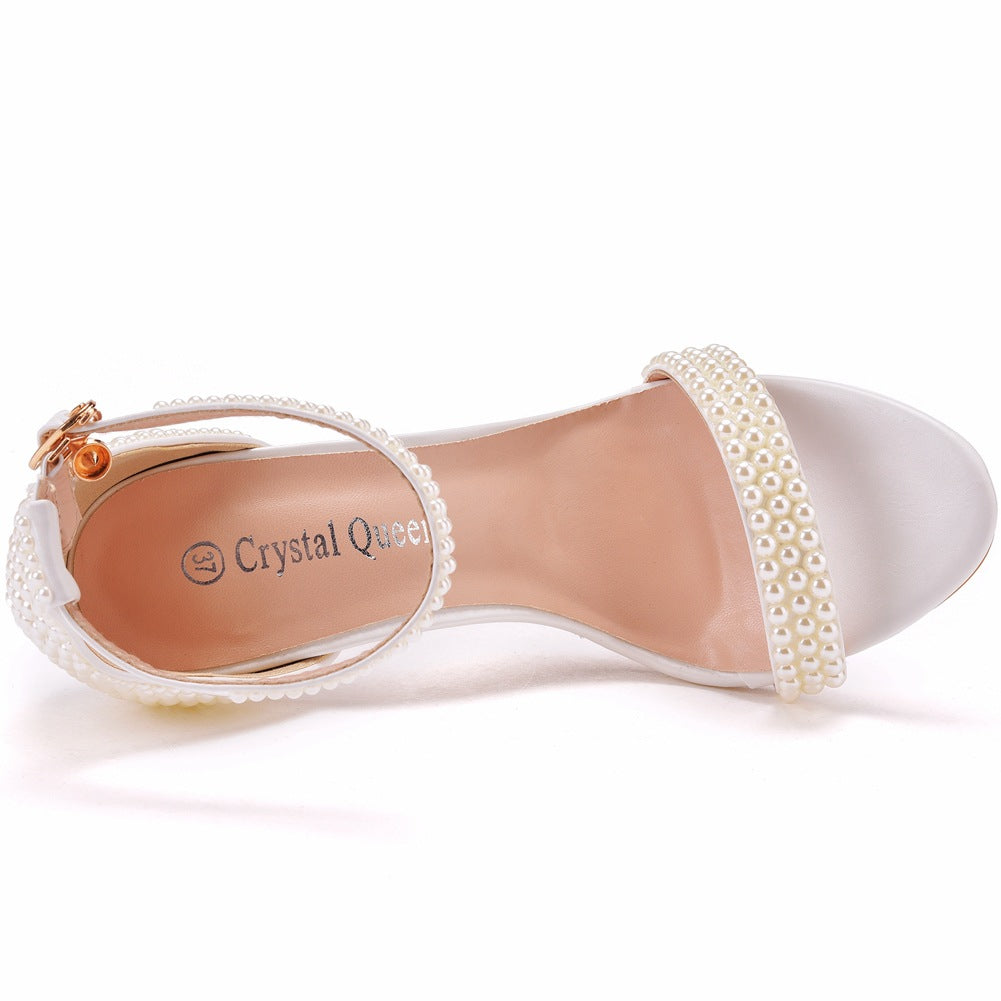 Women Pearls Open Toe Stiletto Heel Bridal Wedding Shoes Sandals