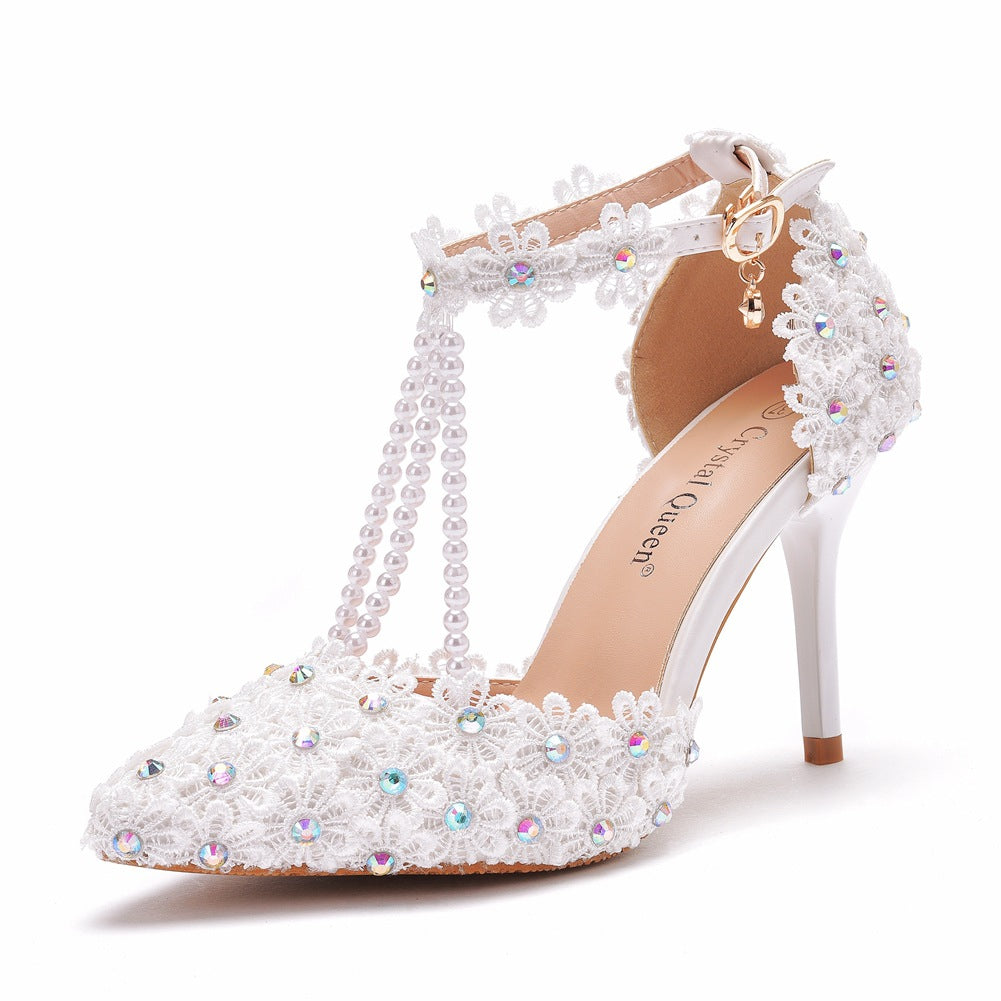 Women Pointed Toe Stiletto Heel Ankle Strap Lace Beads Bridal Sandals Wedding Shoes