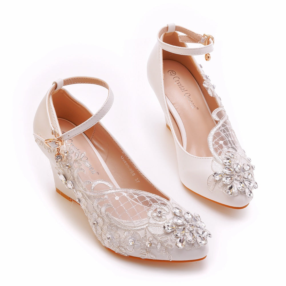 Rhinestone Mesh Ankle Strap 8cm Wedge Heel Women Pumps Wedding Shoes