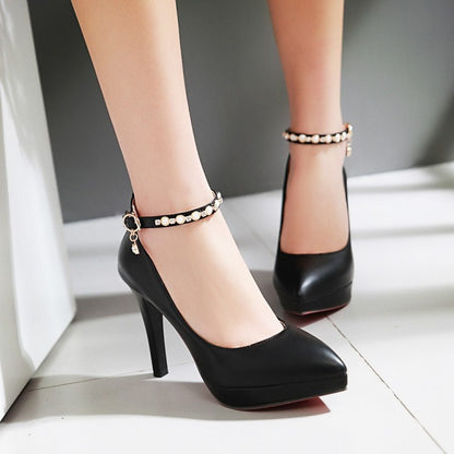 Pearl Ankle Straps Women Pumps High Heels Dress Shoes