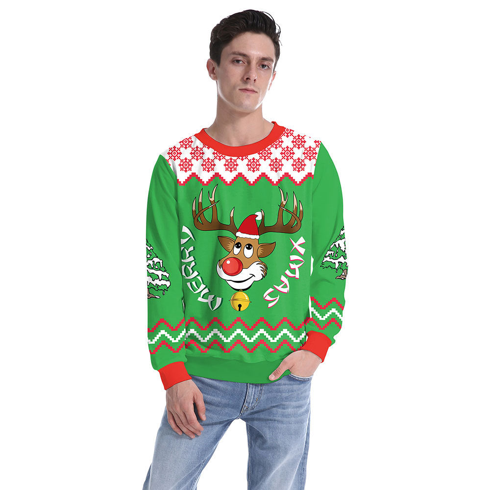 Christmas Deer Head Round Neck Long Sleeve Couple Sweater