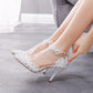 Women Pointed Toe Stiletto Heel Ankle Strap Lace Beads Bridal Sandals Wedding Shoes