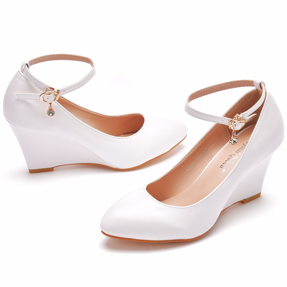 Pointed Toe Rhinestone Ankle Strap 8cm Wedge Heel Women Pumps Wedding Shoes