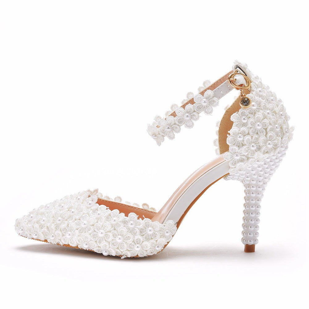 Women Pointed Toe Lace Flora Pearls Bridal Wedding Shoes Stiletto Heel Sandals