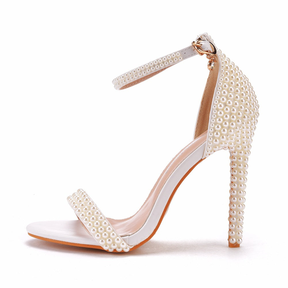 Women Pearls Open Toe Stiletto Heel Bridal Wedding Shoes Sandals
