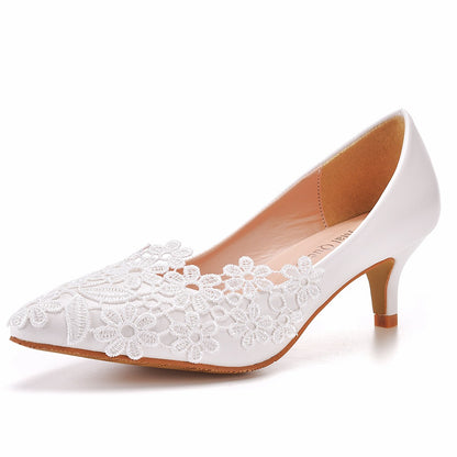 Women Stiletto Heel Pointed Toe Pumps Lace Flora Bridal Wedding Shoes