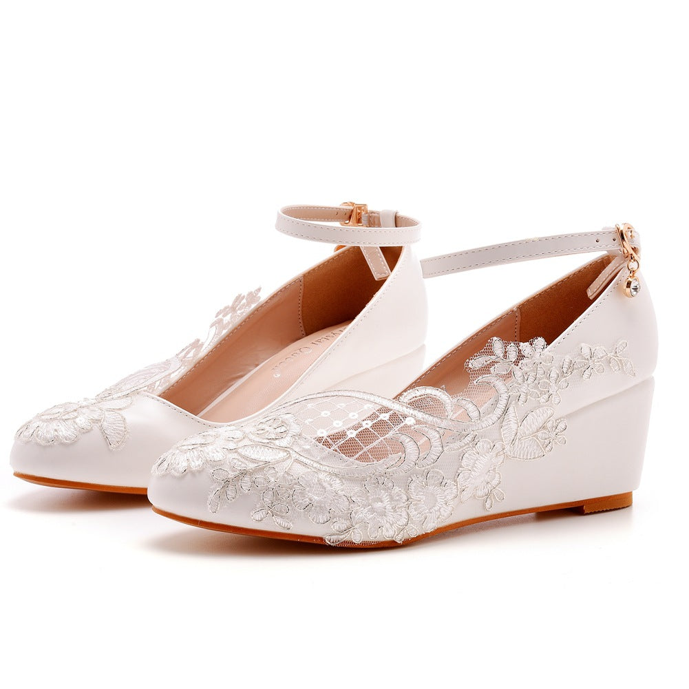 Shallow Ankle Strap 5cm Wedge Heel Women Pumps Wedding Shoes