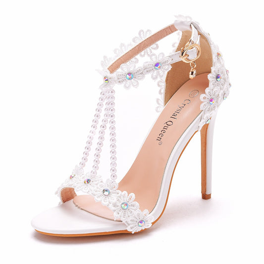 Women Lace Rhinestone Pearls Open Toe Bridal Wedding Stiletto Heel Sandals