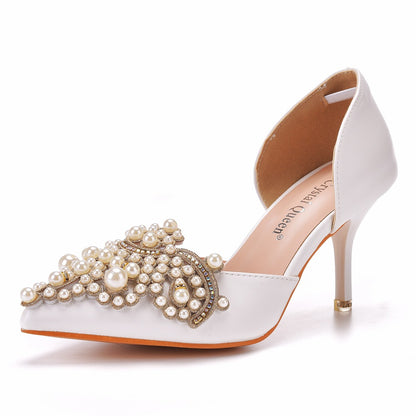 Women Rhinestone Beads Wedding Pointed Toe Stiletto Heel Sandals