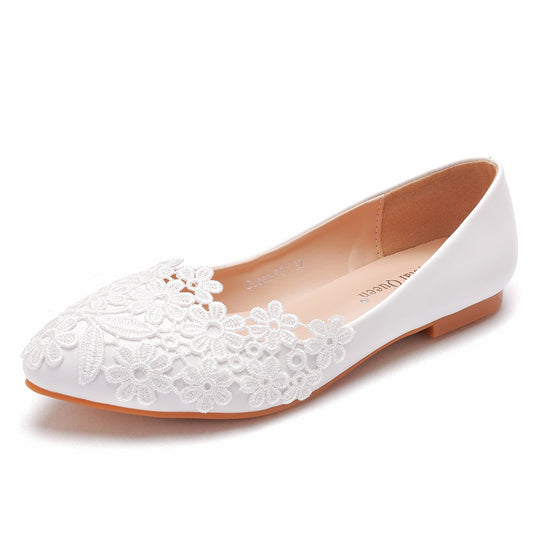 Women Pointed Toe Shallow Lace Flora Bridal Wedding Flat Shoes