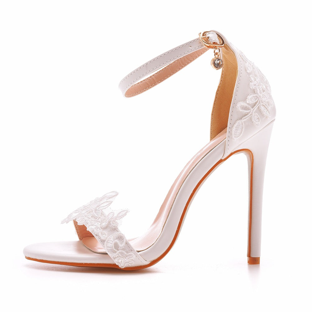 Women Lace Open Toe Ankle Strap Bridal Wedding Stiletto Heel Sandals