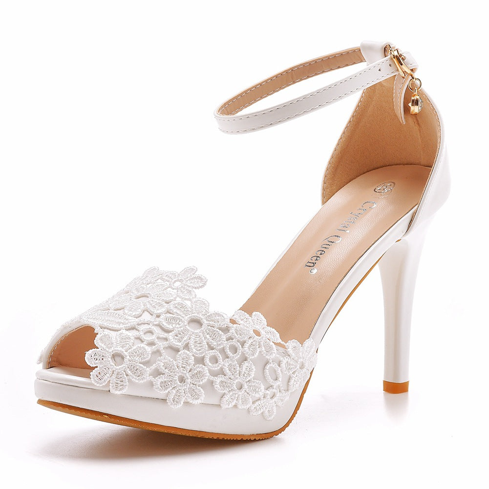 Women Lace Peep Toe Bridal Wedding Stiletto Heel Platform Sandals