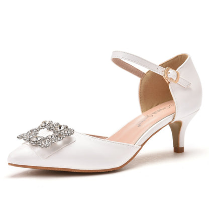 Women Rhinestone Square Buckles Pointed Toe Mary Janes Wedding Sandals