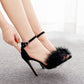 Women Fur Pointed Toe Ankle Strap Stiletto Heel Sandals