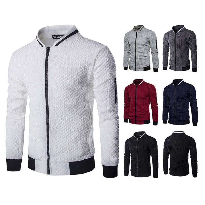 Men's Argyle Contrast Color Zipper Stand-Up Collar Casual Sweater Blazer